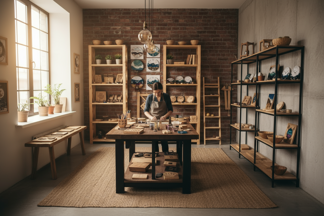 una donna che sta facendo lavori artigianali tipo Orologi in resina , e altri lavori con il legno