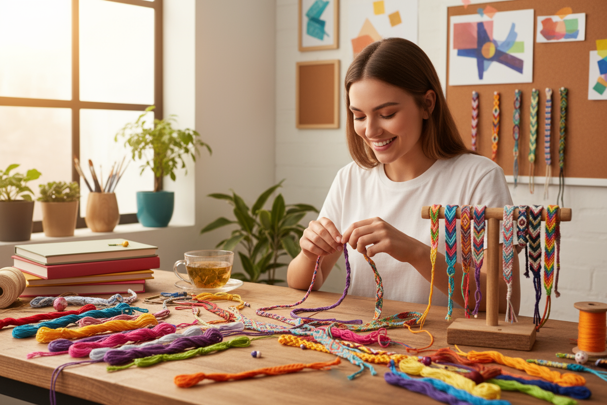 una ragazza che fa braccialetti dell'amicizia molto colorati